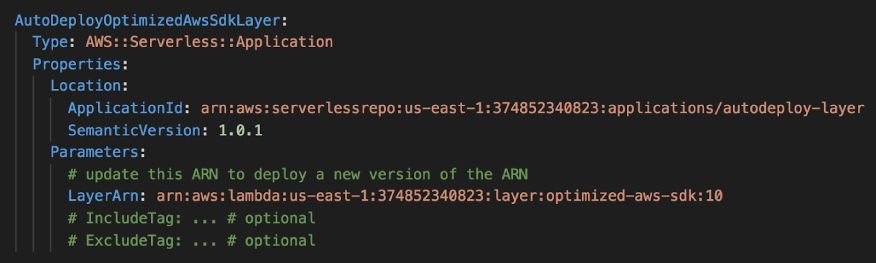 Using an AWS::Serverless::Application resource you can configure the deployment of the Lambda Layer to speed up your Lambda functions.