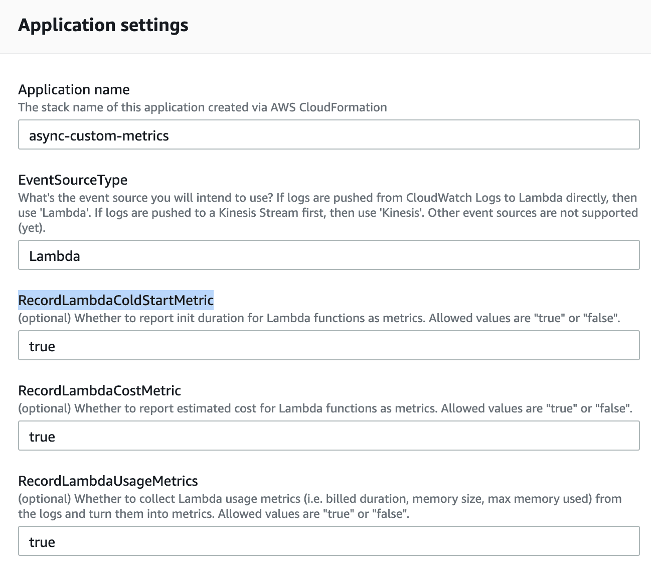 How to setup the async-custom-metrics SAR to record cold start metrics.