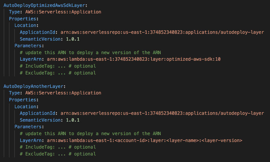 To manage multiple layers, you have to deploy multiple instances of the app you need to add another AWS::Serverless::Application resource to the stack.