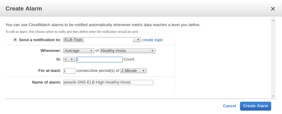 Dialog box for creating an alarm with AWS SNS