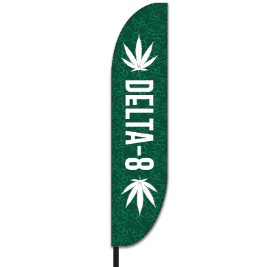 Delta 8 Feather Flag with Green Chemical Structure Pattern, White Lettering and Leaves