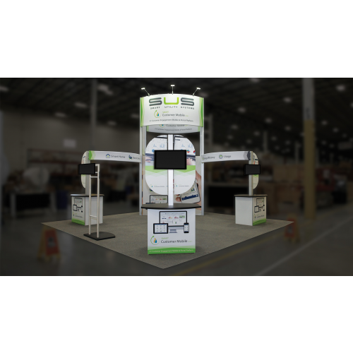 20x20 Trade Show Island Display Hybrid QPS01 with Tower and Kiosk Trio |  Lush Banners