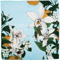 Vanillary a pale blue knot wrap with vanilla pods and yellow vanilla flowers