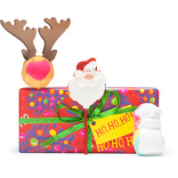 Ho Ho Ho Christmas Gift red gift box with green ribbon with a snowman bath bomb outside