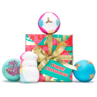 pink and green gold ribboned gift with blue and white bath bombs