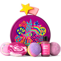 Starbright Gift pink star themed gift tin with products around it
