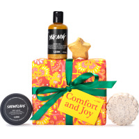 Comfort and Joy Gift Red and Yellow patterned present with green ribbon surrounded by products