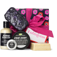 Fabulous Gift dark purple box with pink flower pattern on it surrounded by products
