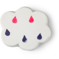 April Showers Bath Bomb A white bath bomb in the shape of a cloud with pink and blue drops