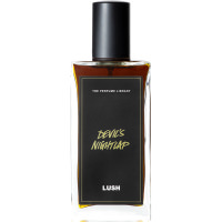 Lush 100ml Devil's Nightcap Perfume A bottle of Devil's Nightcap Lush perfume. The perfume is dark brown in colour and contained in a rectangle bottle featuring a black lid and label.