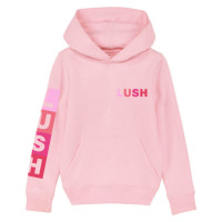 Lush Pink Icon Hoodie A light pink hoodie with a large center pocket. The hoodie has the text LUSH down one sleeve in various shades of pink. LUSH is also printed in pink block letters on the right hand side of the chest.