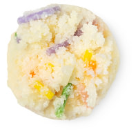 Funfetti Cake Lip Scrub cream coloured circle of lip scrub with multicoloured sprinkles in it