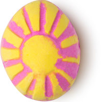 Which Came First Bath Bomb A pink bath bomb in the shape of a egg with yellow stripes