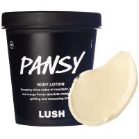 Pansy crema corporal cítrica y ligera textura de color crema y ligera de la crema corporal cítrica Pansy junto con el bote negro