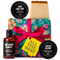 All The Best Gift green floral printed gift with products around it