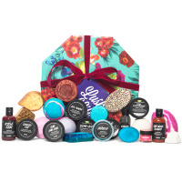 Lush Life Gift blue and red floral print gift box with products surrounding it