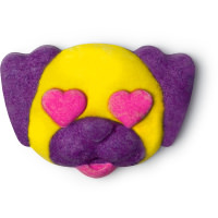 Puppy Love Bubble Bath A purple and yellow puppy face shaped bubble bar with pink hears as eyes