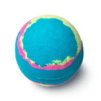 Intergalactic Bathbomb A deep blue, spherical bath bomb with a multicoloured galaxy design.