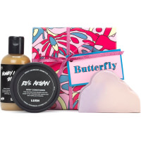 regalo para la ducha Butterfly el regalo Butterfly de color rosado con un lazo y productos para la ducha alrededor