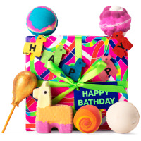 multicoloured gift box with products around it 
