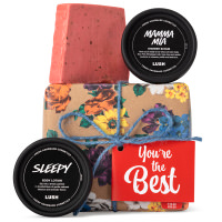 You're The Best Gift A brown gift box with a floral design and a blue ribbon. Surrounding the gift box are its contents: a black pot of lotion, a black pot of body scrub and a rectangular piece of pink soap.