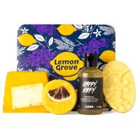Lemon Grove Gift purple lemon themed gift box with products around it