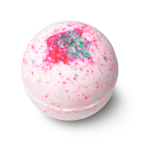 Sakura Bath Bomb A pale-pink, spherical bath bomb with dark pink spots and blue salt on top