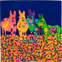 Donkeys Knot Wrap multicoloured donkeys on a dark blue background with flower pattern on them