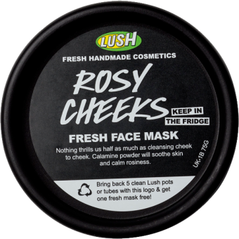 Rosy Cheeks Maschera fresca Lush Vista dall'alto della confezione della Maschera fresca lenitiva alla rosa Rosy Cheeks