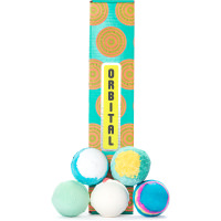 Orbital - Aqua Gift Yellow orange and blue rectangle shaped present with bath bombs surrounding the bottom of the present on a white background