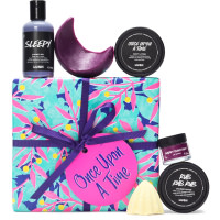 Once Upon A Time Gift purple and white gift set with dark purple ribbon and purple moon and purple shower gel