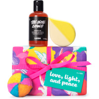 Love, Light and Peace Gift Pink, Yellow and Purple bird patterned present with pink ribbon surrounded by products on white background