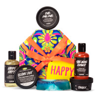 Happy Gift colourful and bright patterned box with products surrounding it