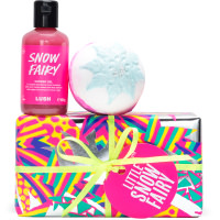 Little Snow Fairy multicoloured present with yellow ribbon and shower gel and back bomb on top on white background