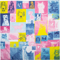 Cats And Dogs Knot Wrap A chequered blue yellow and pink knot wrap with cats and dog images in the squares