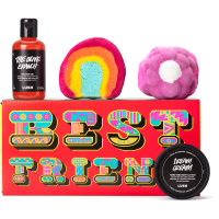 Best Friend Gift red gift box with best friend text on it and products around it