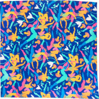 Dancing Pixies a blue patterned knot wrap with pixies in pink outfits