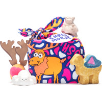 Chris Moose Knot Wrap Gift A pink gift with cartoon moose