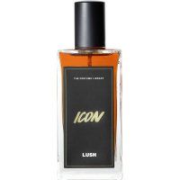 Lush 100ml Icon Perfume A bottle of Icon Lush perfume. The perfume is brown in colour and contained in a rectangle bottle featuring a black lid and label.