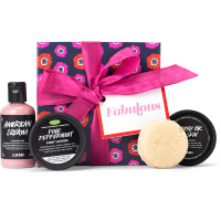 Fabulous Gift a pink, black and red gift set with red ribbon and array of lush products