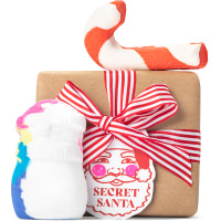 Secret Santa Gift classic brown wrapped gift with red and white ribbon and products around it