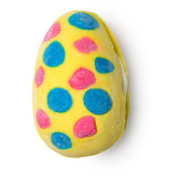 Cream Egg Bubbleroon yellow egg shaped bubbleroon with pink and blue dots on it