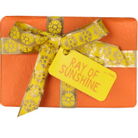 Ray Of Sunshine Gift A orange gift box wrapped in a yellow and silver ribbon as seen from the front
