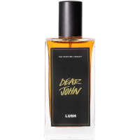 Lush 100ml Dear John Perfume A bottle of Dear John Lush perfume. The perfume deep orange in colour and contained in a rectangle bottle featuring a black lid and label.