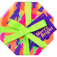 Merry And Bright multicoloured christmas tree patterned hexagonal present on white background