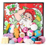 The Art of Christmas Bathing Gift red and green santa claus themed box with products around it
