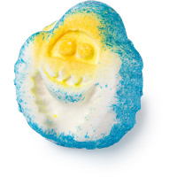 Abombinaball Bath Bomb A white blue and yellow bath bomb shaped like a monster