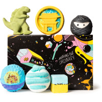 Anything But Ordinary Gift black space themed present with products surrounding it