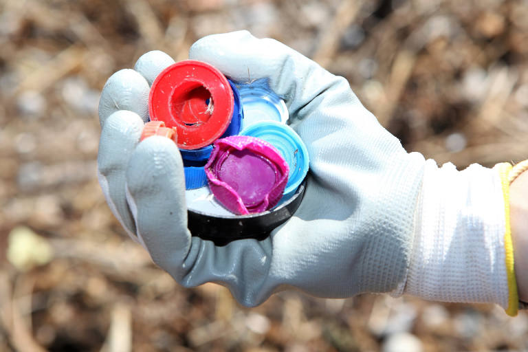 Tapones de botella encontrados en la playa Un puñado de tapones encontrados en la playa