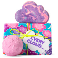 Every Cloud Gift light blue gift box with purple clouds on it and products around it